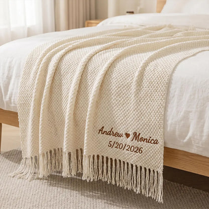 Personalized Wedding Knit Blanket | Custom Embroidered Couple Throw Blanket