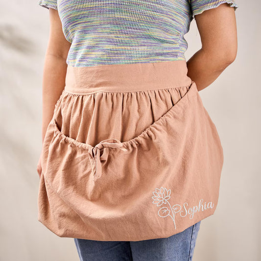 Personalized Gardening Apron with Birth Flower | Embroidered Cotton Linen Garden Apron