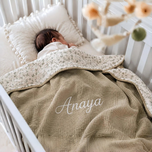 Personalized Muslin Baby Blanket | Custom Embroidered Name Gift