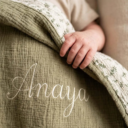 Personalized Muslin Baby Blanket | Custom Embroidered Name Gift