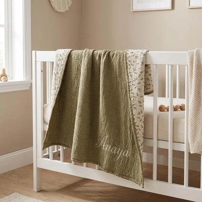 Personalized Muslin Baby Blanket | Custom Embroidered Name Gift