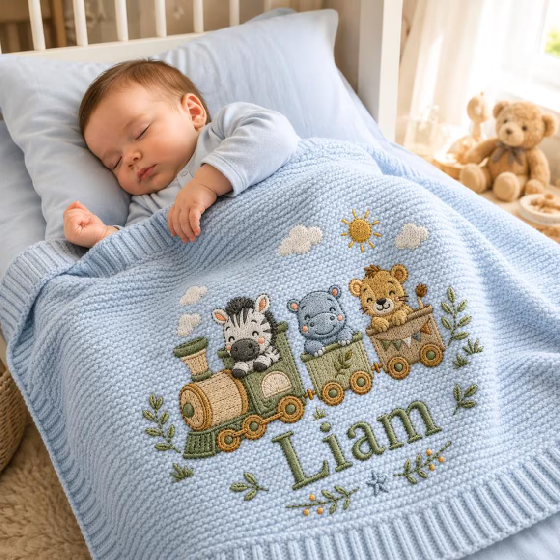 Personalized Safari Baby Knit Blanket | Embroidered Animal Train