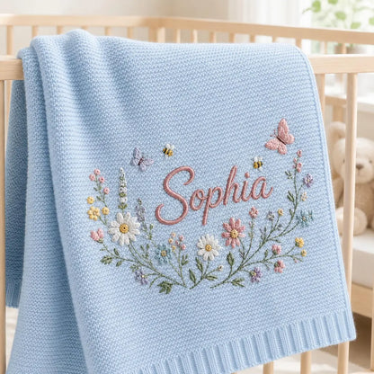 Personalized Baby Knit Blanket – Custom Name Embroidered Floral Blanket