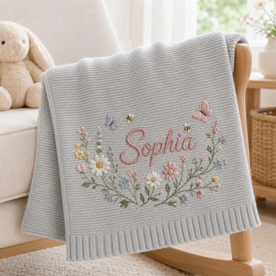Personalized Baby Knit Blanket – Custom Name Embroidered Floral Blanket