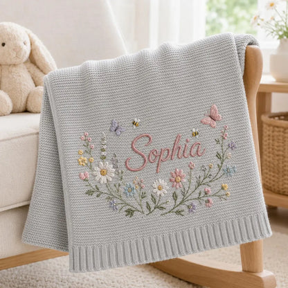 Personalized Baby Knit Blanket – Custom Name Embroidered Floral Blanket