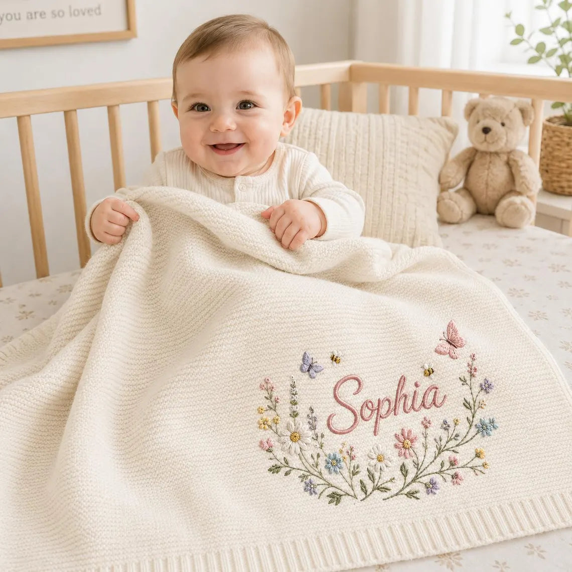 Personalized Baby Knit Blanket – Custom Name Embroidered Floral Blanket