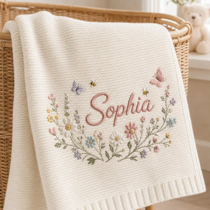 Personalized Baby Knit Blanket – Custom Name Embroidered Floral Blanket