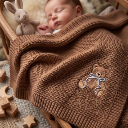 Personalized Teddy Bear Baby Knit Blanket | Custom Embroidered Name