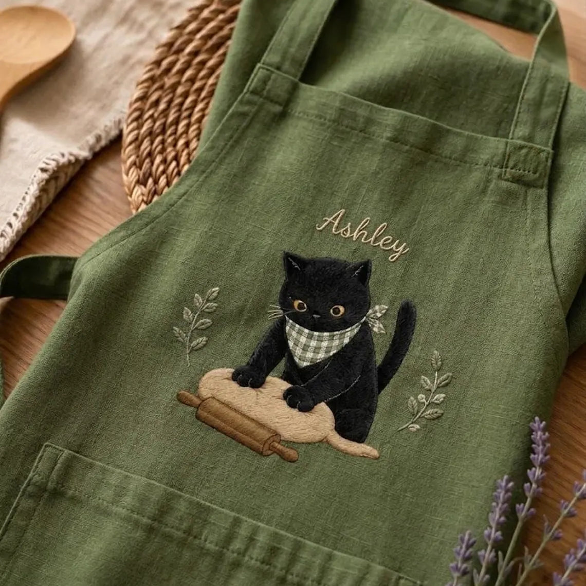 Personalized Black Cat Apron – Embroidered Name Cross-Back Apron