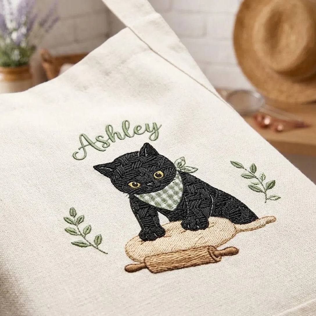 Personalized Black Cat Apron – Embroidered Name Cross-Back Apron