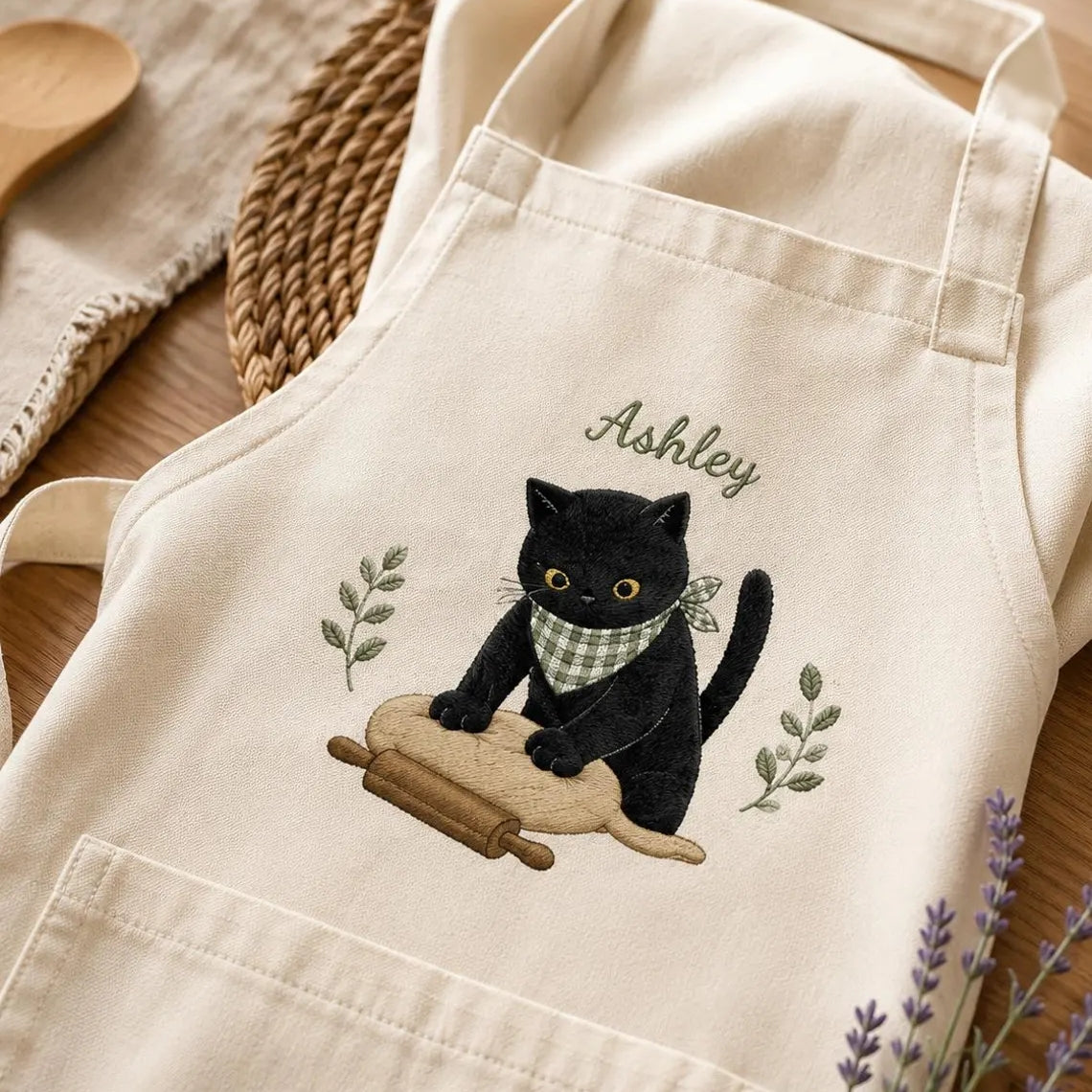 Personalized Black Cat Apron – Embroidered Name Cross-Back Apron