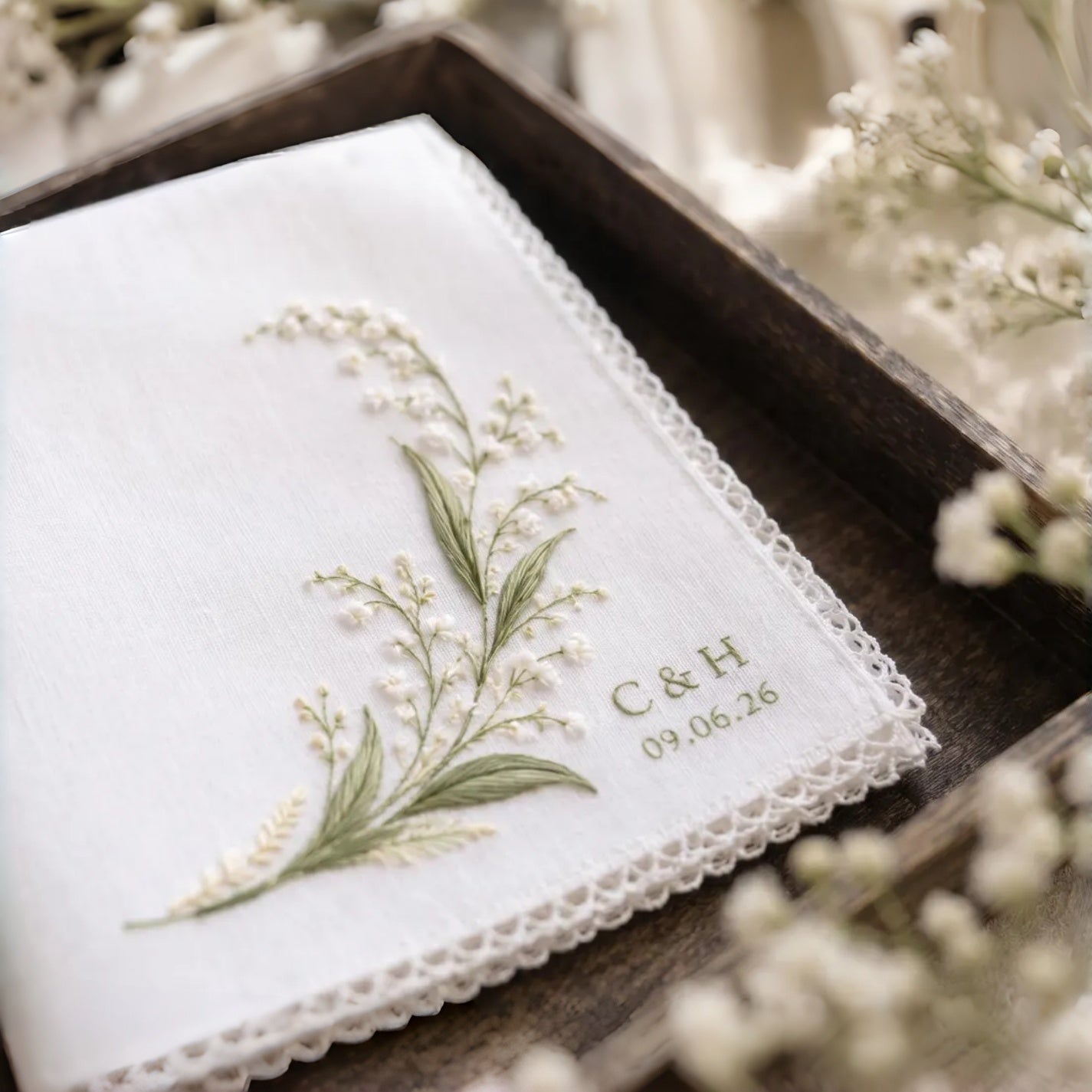 Personalized Lily of the Valley Wedding Handkerchief | Custom Embroidered Keepsake Gift