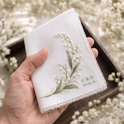Personalized Lily of the Valley Wedding Handkerchief | Custom Embroidered Keepsake Gift