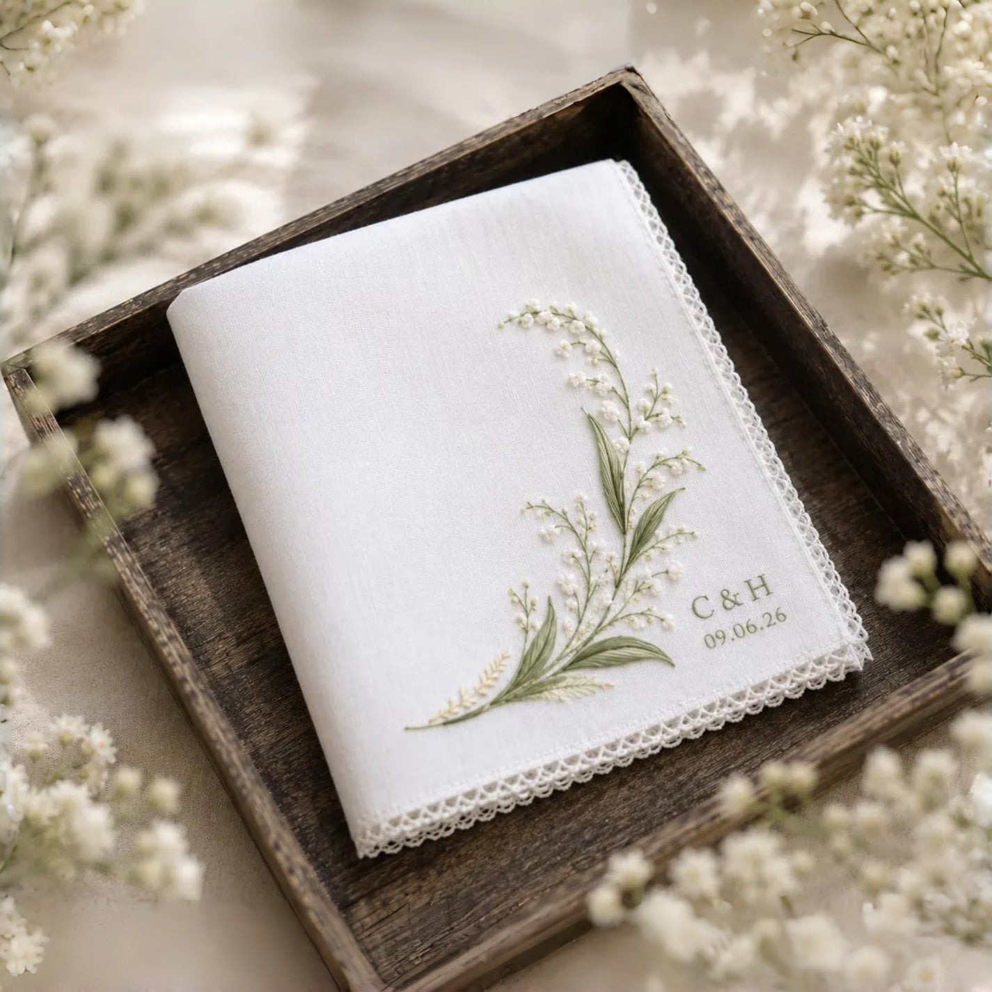 Personalized Lily of the Valley Wedding Handkerchief | Custom Embroidered Keepsake Gift