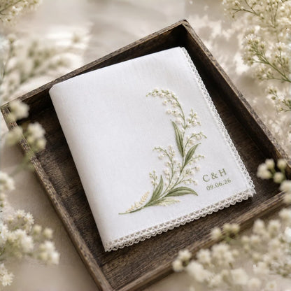 Personalized Lily of the Valley Wedding Handkerchief | Custom Embroidered Keepsake Gift