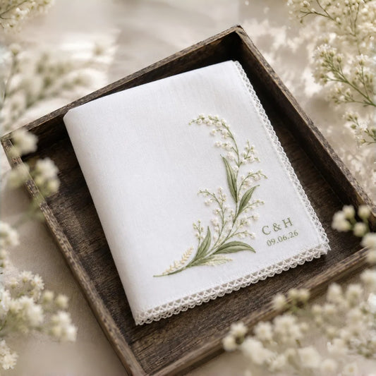 Personalized Lily of the Valley Wedding Handkerchief | Custom Embroidered Keepsake Gift