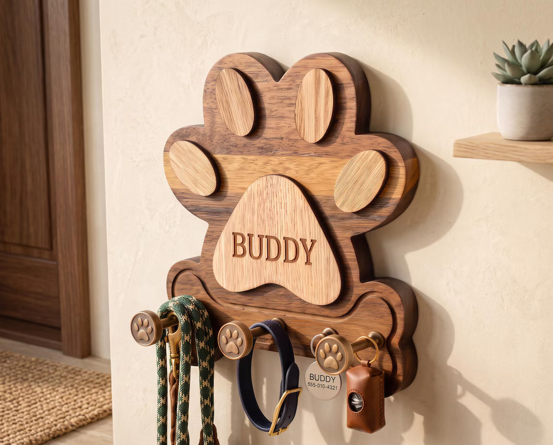 Personalized Wooden Dog Leash Holder | Custom Pet Name Wall Hook