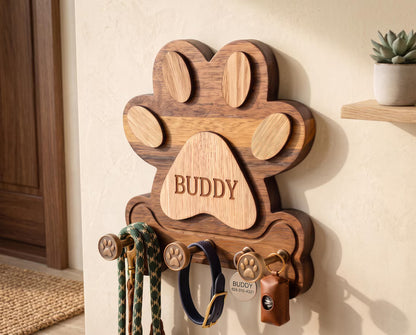 Personalized Wooden Dog Leash Holder | Custom Pet Name Wall Hook