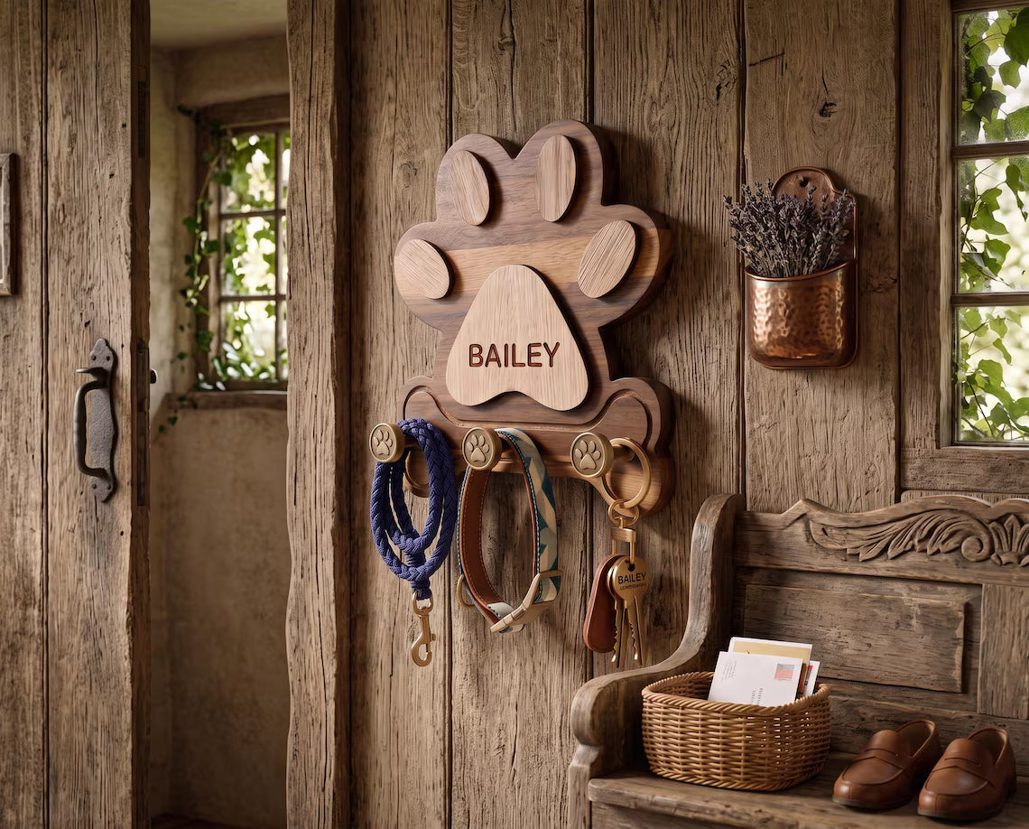 Personalized Wooden Dog Leash Holder | Custom Pet Name Wall Hook