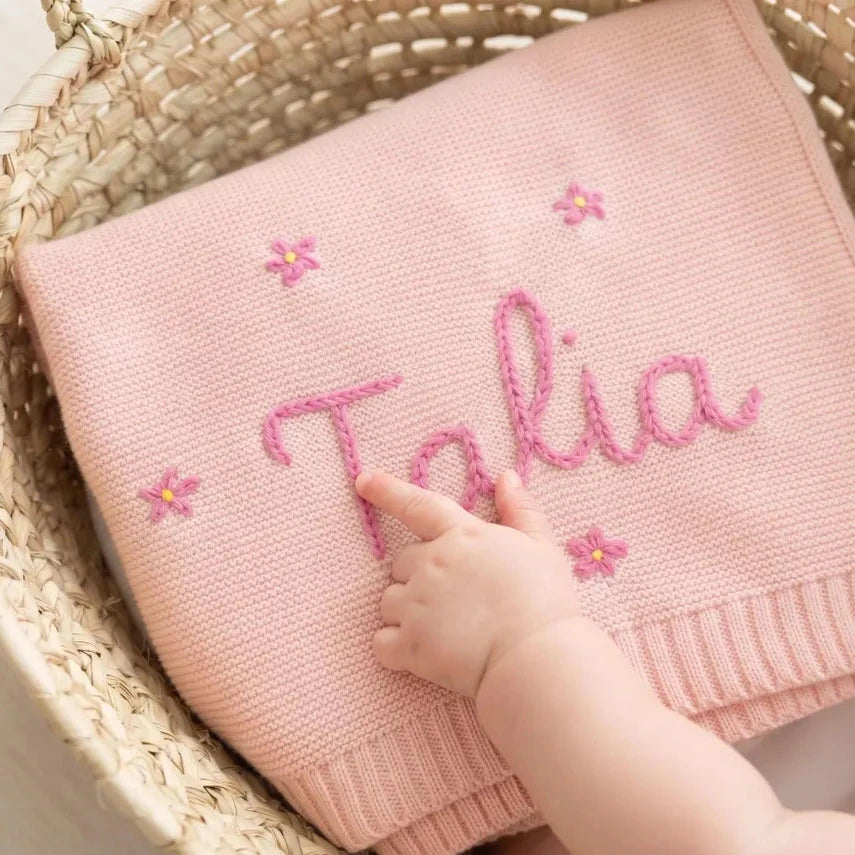 Personalized Knit Baby Blanket with Yarn Embroidered Name & Flowers