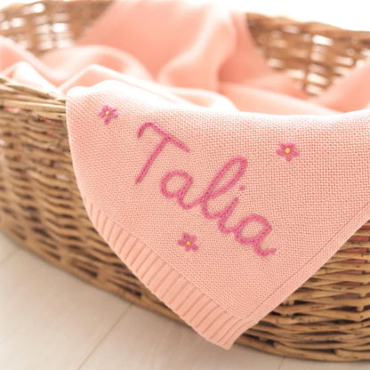 Personalized Knit Baby Blanket with Yarn Embroidered Name & Flowers