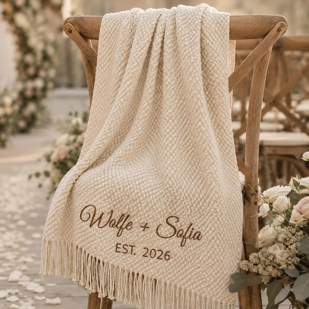 Personalized Wedding Knit Blanket | Custom Embroidered Couple Name Throw Blanket