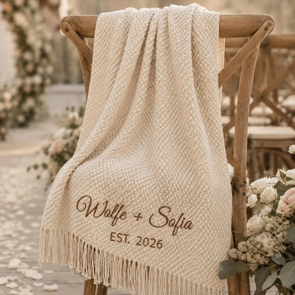 Personalized Wedding Knit Blanket | Custom Embroidered Couple Name Throw Blanket