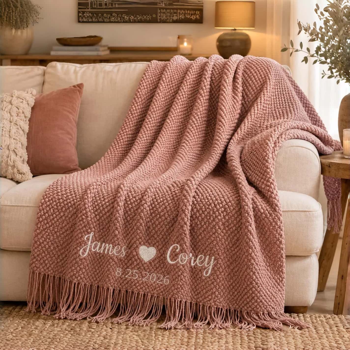 Personalized Wedding Knit Blanket | Custom Embroidered Couple Throw Blanket