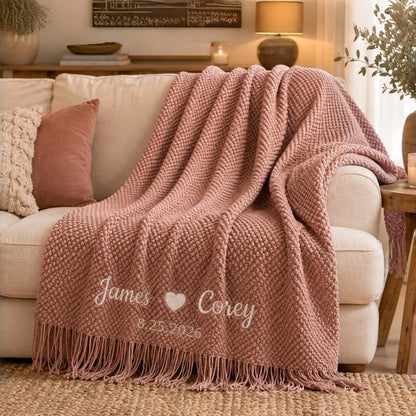 Personalized Wedding Knit Blanket | Custom Embroidered Couple Throw Blanket