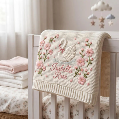 Personalized Swan Baby Knit Blanket – Custom Embroidered Name Knit Blanket