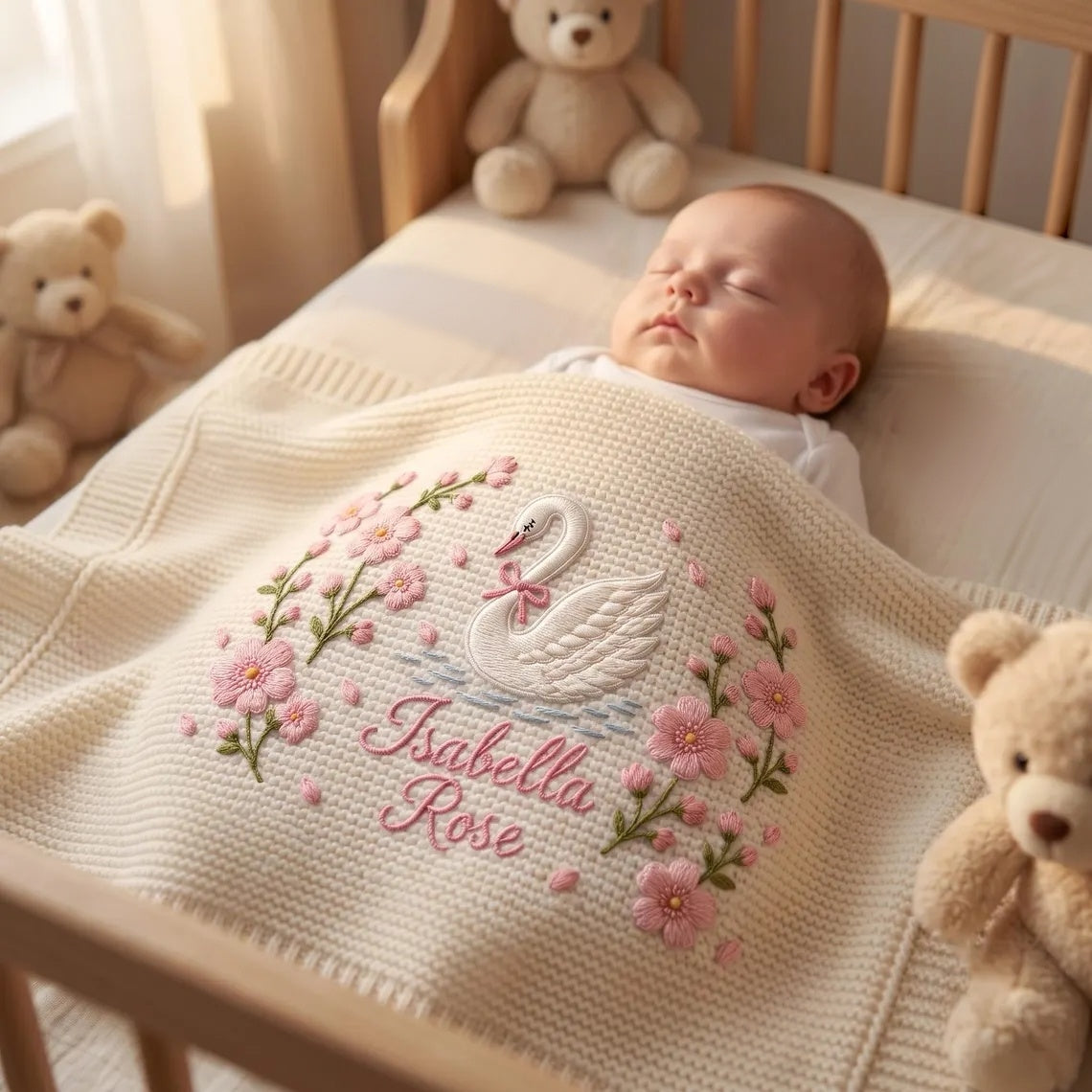 Personalized Swan Baby Knit Blanket – Custom Embroidered Name Knit Blanket