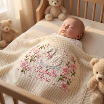 Personalized Swan Baby Knit Blanket – Custom Embroidered Name Knit Blanket