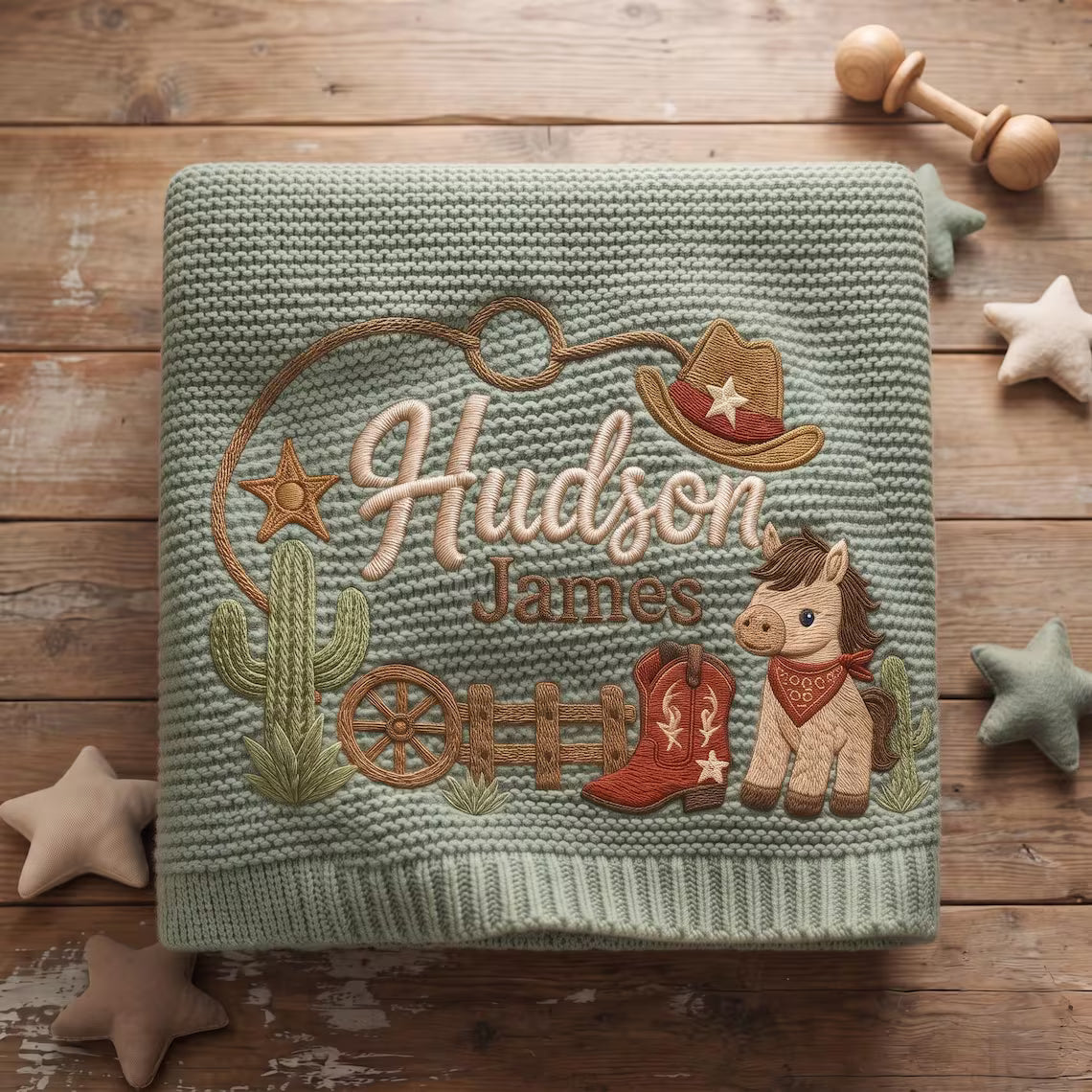 Personalized Cowboy Baby Knit Blanket | Custom Horse Embroidered Gift