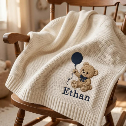 Personalized  Balloon Teddy Bear Baby Knit Blanket, Custom Name Embroidered Gift