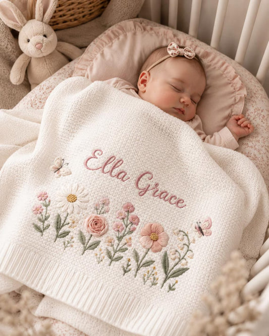 Personalized Floral Baby Knit Blanket | Custom Name Embroidered