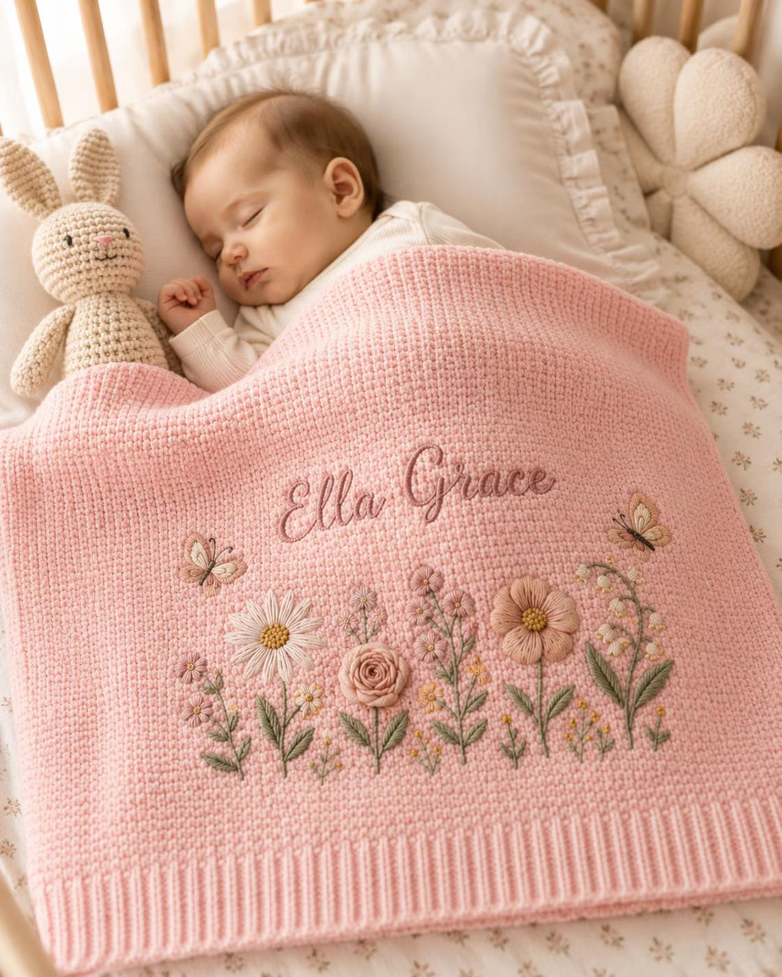 Personalized Floral Baby Knit Blanket | Custom Name Embroidered