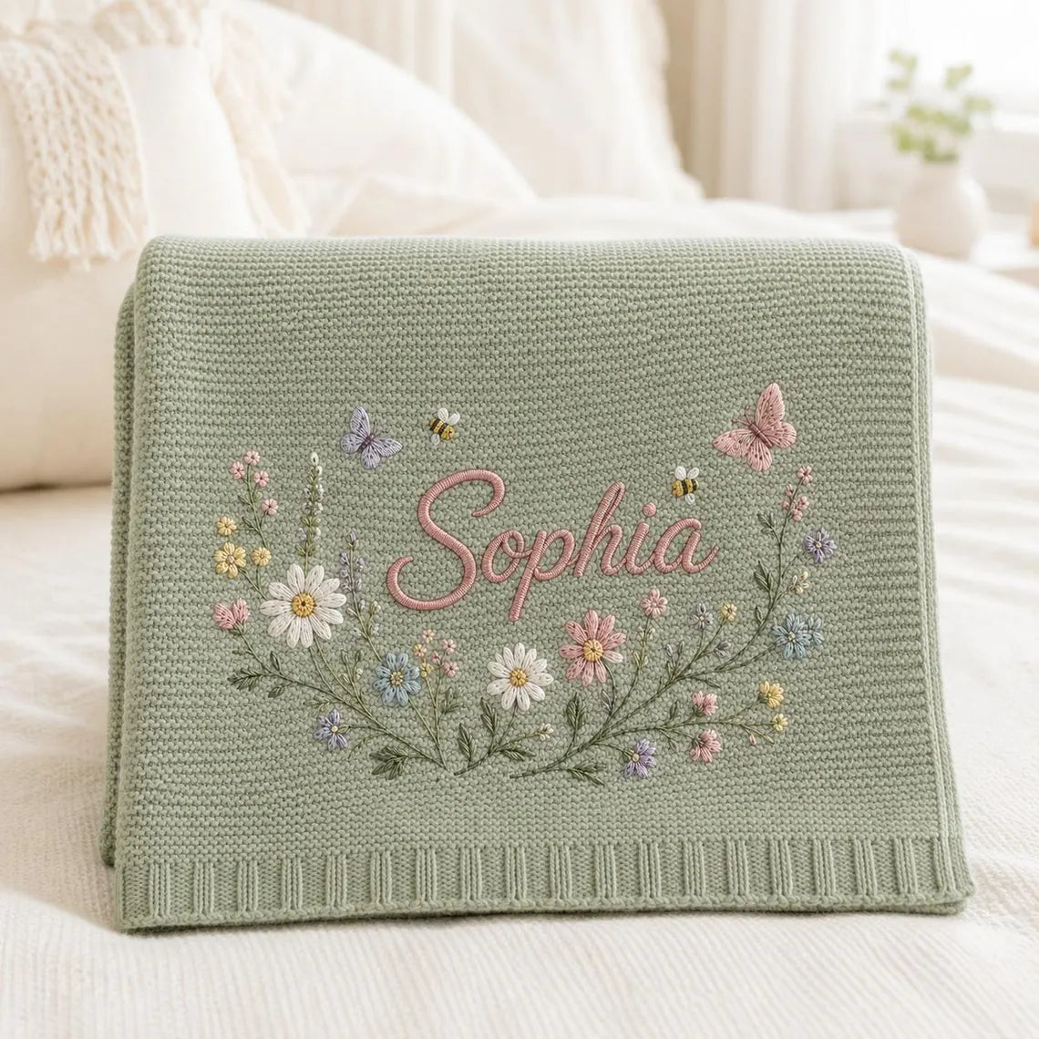 Personalized Baby Knit Blanket – Custom Name Embroidered Floral Blanket