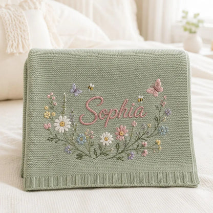 Personalized Baby Knit Blanket – Custom Name Embroidered Floral Blanket
