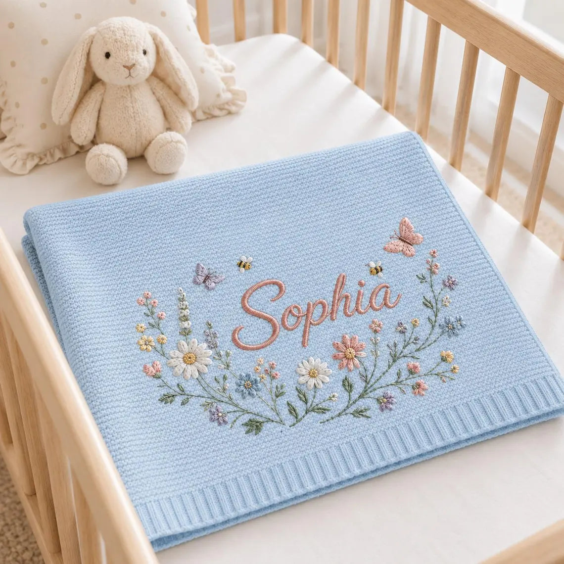 Personalized Baby Knit Blanket – Custom Name Embroidered Floral Blanket