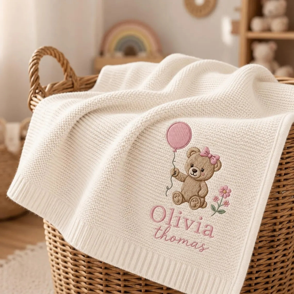 Personalized  Balloon Teddy Bear Baby Knit Blanket, Custom Name Embroidered Gift