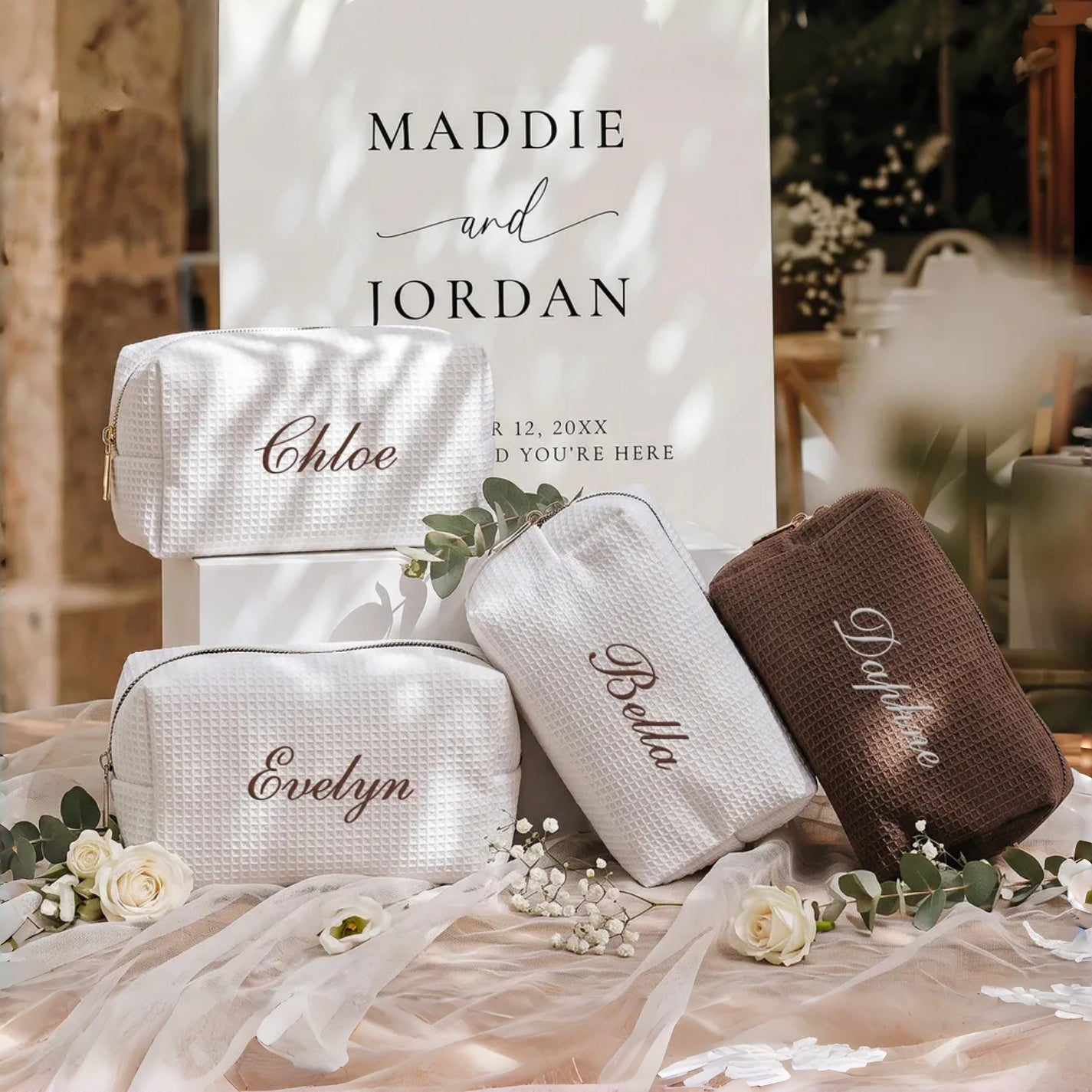 Personalized Embroidered Waffle Makeup Bag | Custom Cosmetic Bag Gift