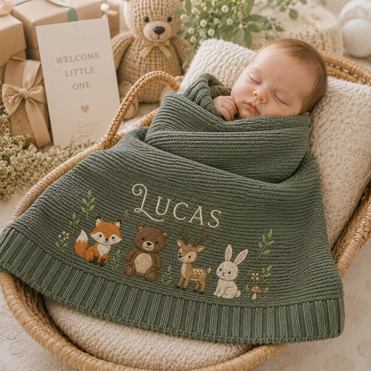 Personalized Forest Friends Knit Baby Blanket | Custom Name