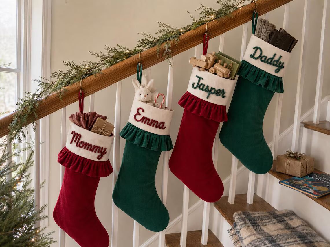Personalized Velvet Christmas Stocking | Custom Raised Cord Name