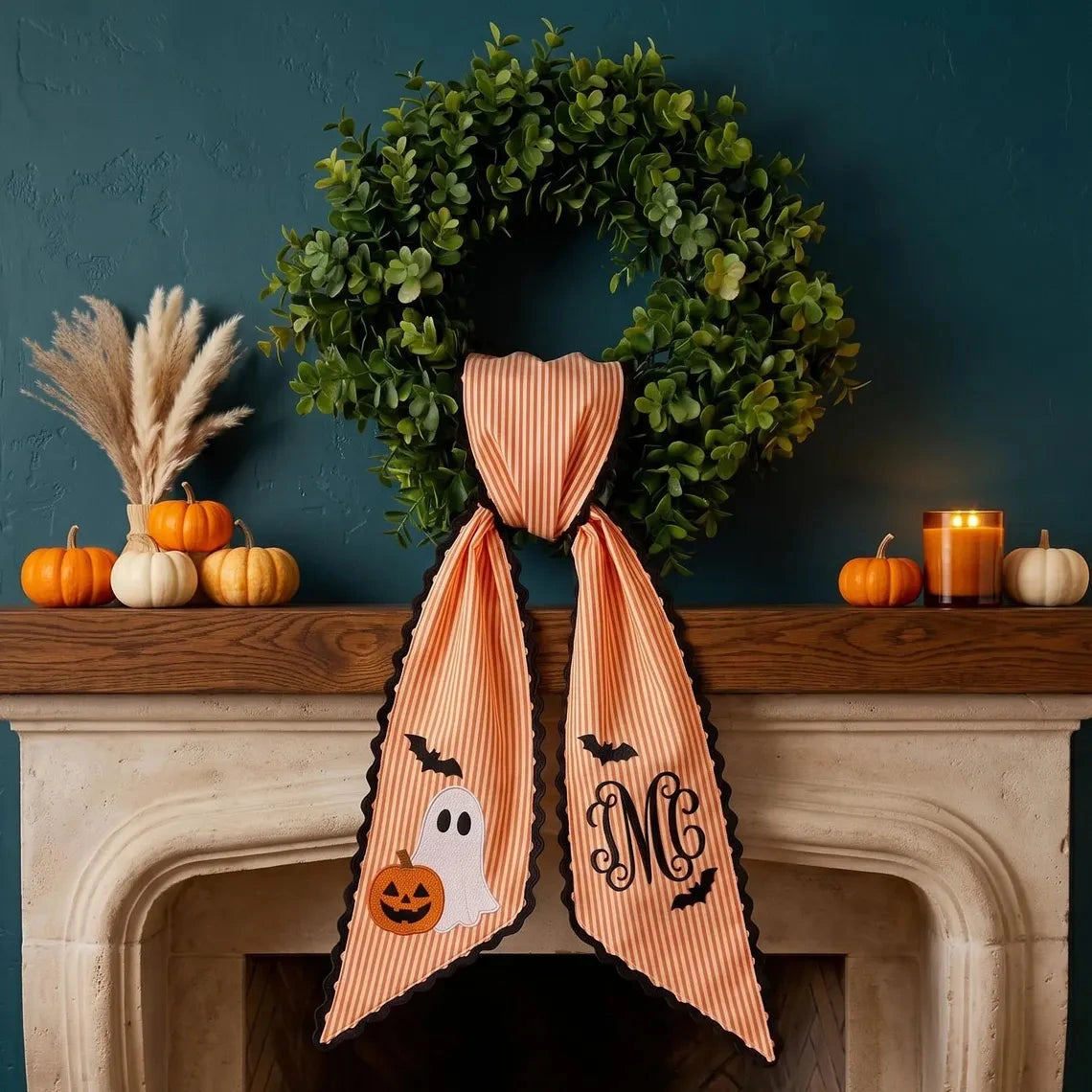 Personalized Initials Embroidered Halloween Ghost Wreath Sash