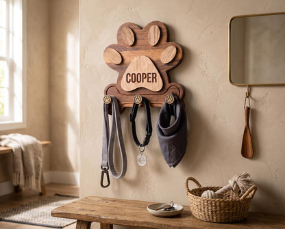 Personalized Wooden Dog Leash Holder | Custom Pet Name Wall Hook