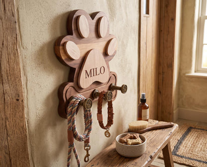 Personalized Wooden Dog Leash Holder | Custom Pet Name Wall Hook