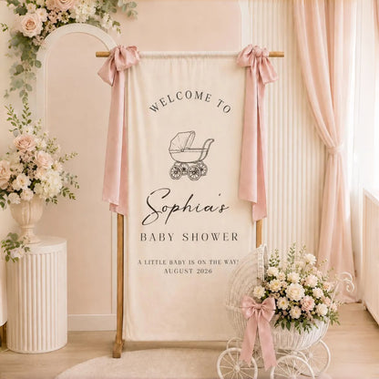 Personalized Baby Shower Welcome Sign Fabric Banner | Baby Shower Backdrop Decor