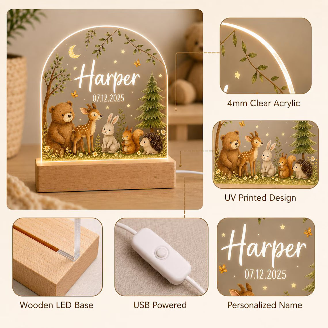 Personalized Animal Night Light with Name & Birth Date