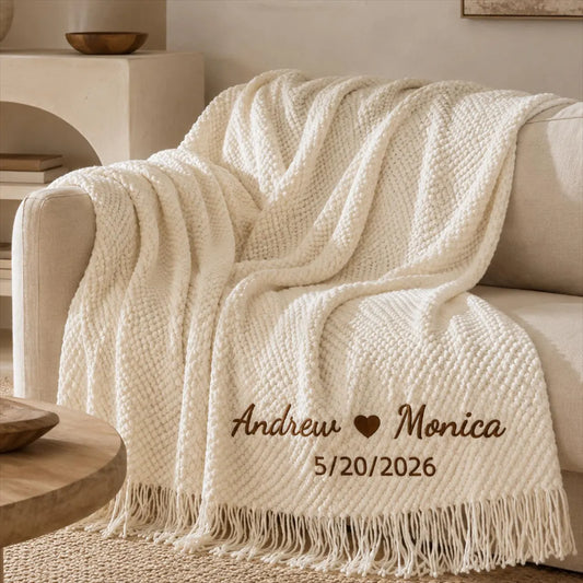 Personalized Wedding Knit Blanket | Custom Embroidered Couple Throw Blanket