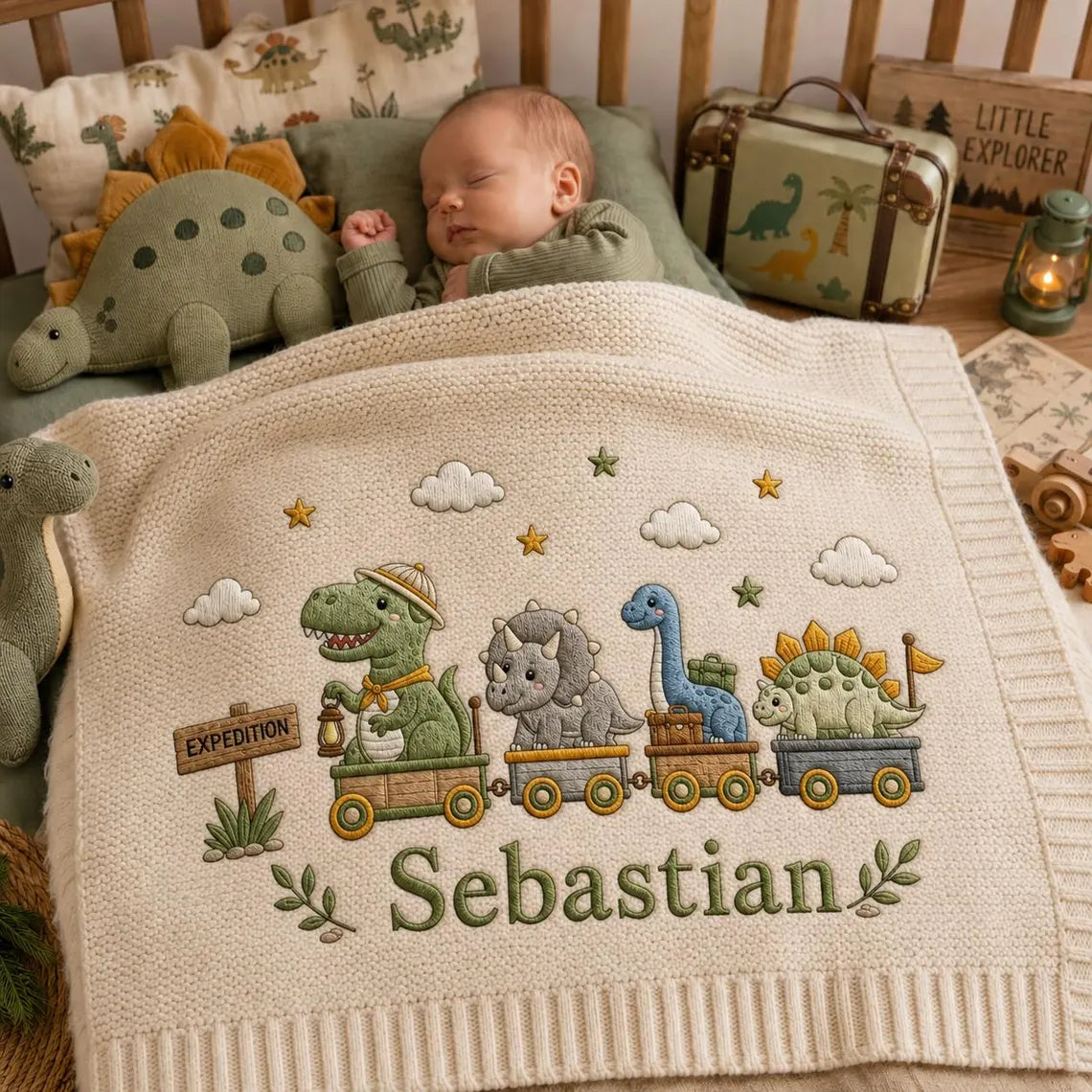 Personalized Dino Express Baby Knit Blanket | Custom Name Knit Blanket